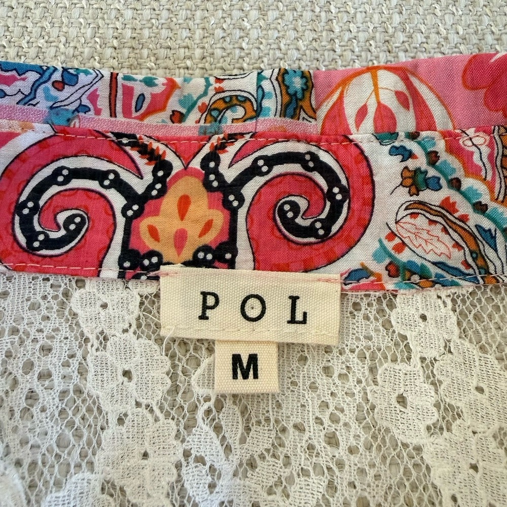 POL Patchwork Floral Trim Long Sleeve Women's Gauze Button Up‎ Shirt Size M - Picture 9 of 16